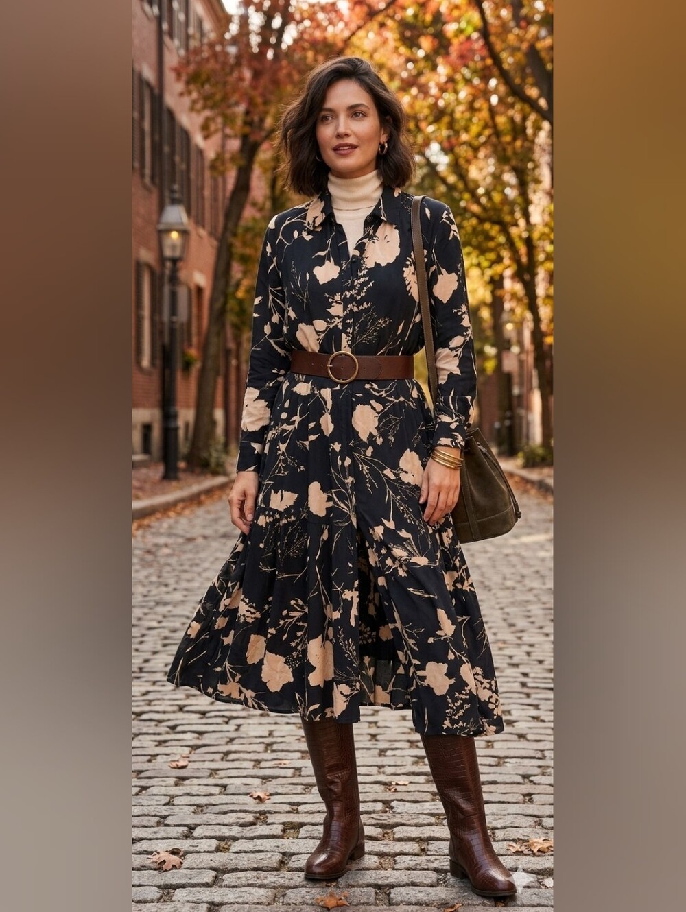 Lagenlook Artsy Dark Academia Tiered Black & Tan Floral Boho Midi Shirt Dress